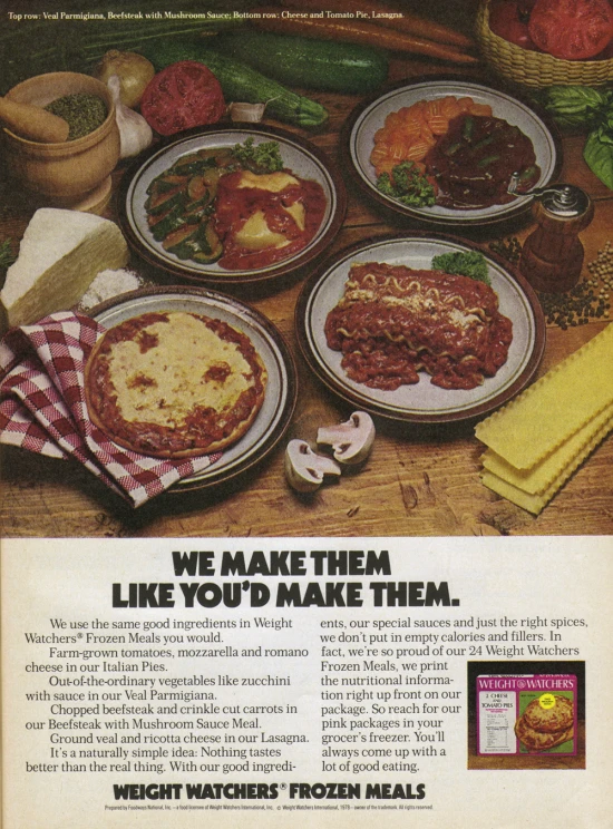 an advert for a pizza making company featuring four plates of different foods
