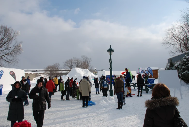 a crowd of people standing around a snowy field