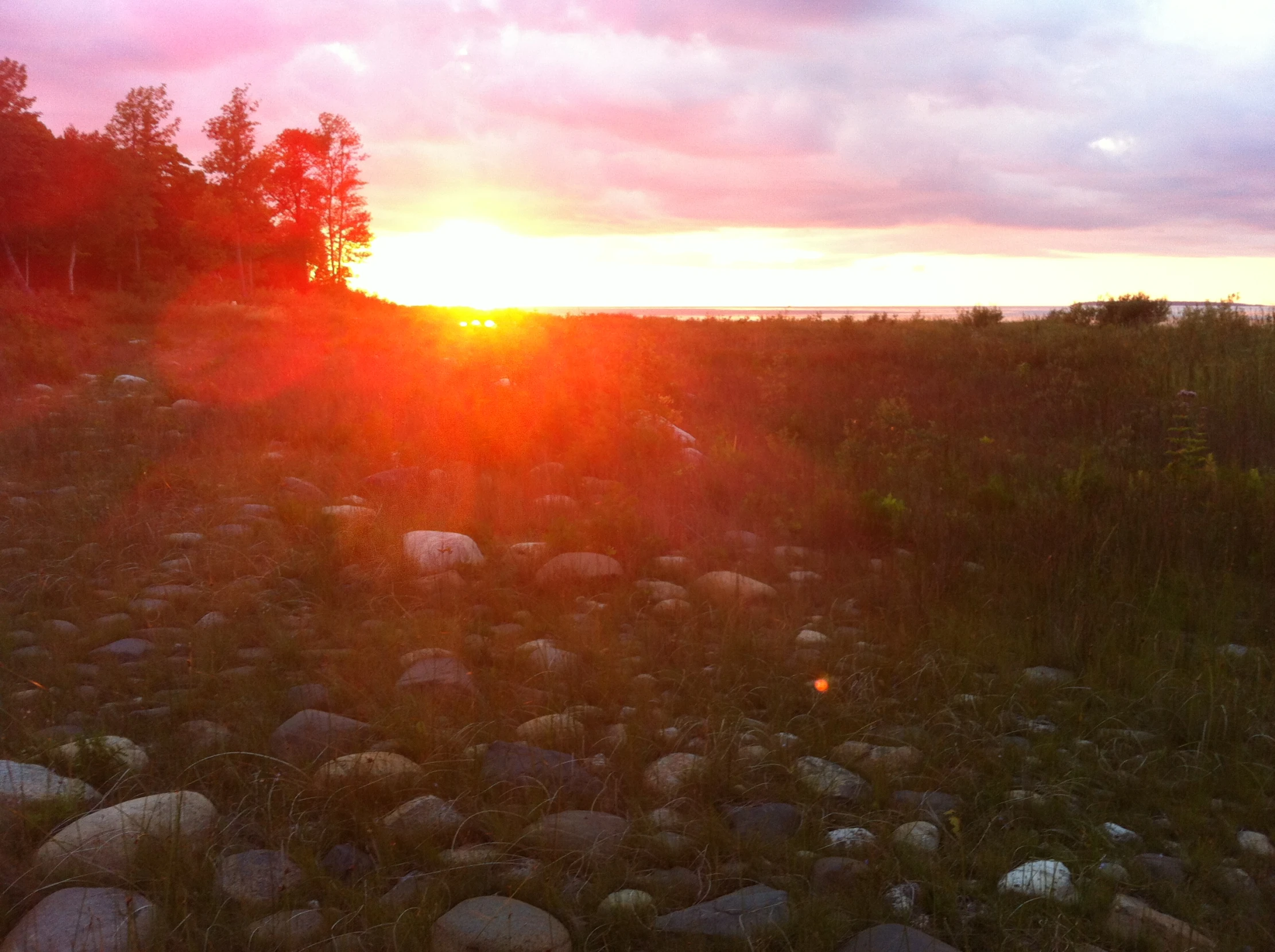 the sun shines brightly on a rock filled field