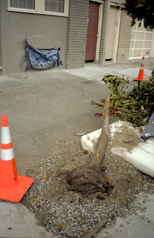 the small white cone sits next to the shovel