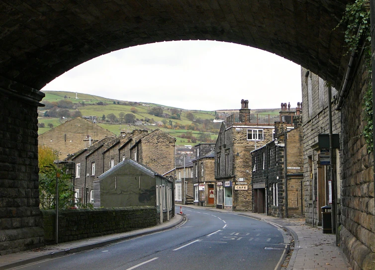 street view of old town with stone buildings