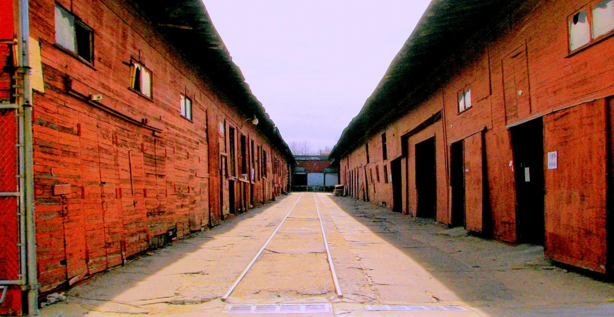 a narrow alley in a brick warehouse with a ladder going down the street