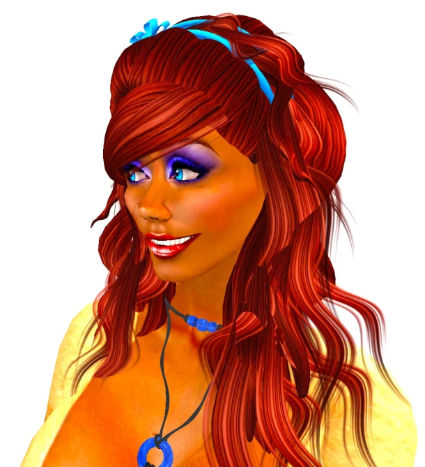 a girl with long red hair and blue eyes is dressed in a blue and white dress