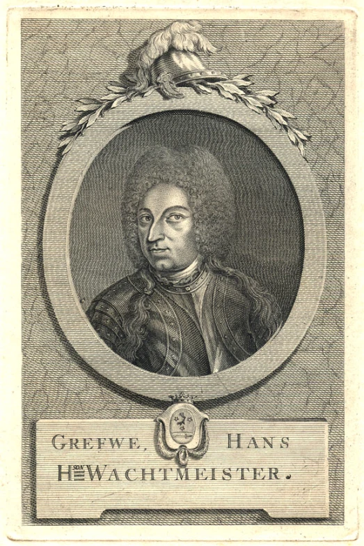 an antique print with a man in the center
