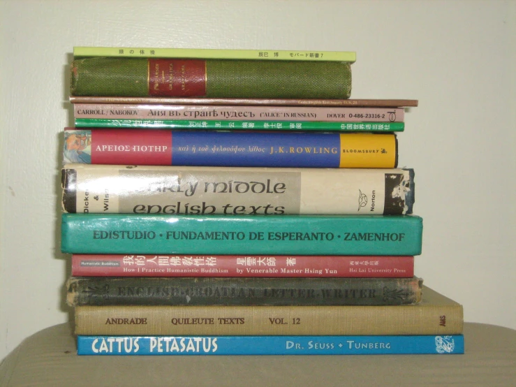 stack of books with captions displayed on counter