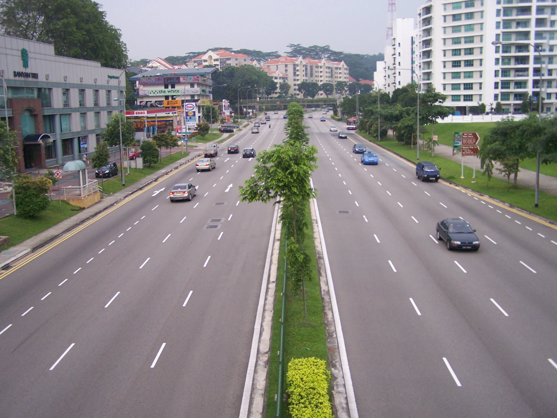 a city street is seen in this aerial view