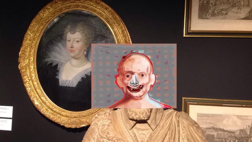 an antique portrait, an image of a clown and some portraits of women