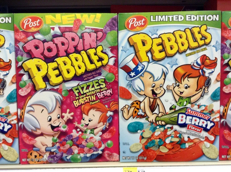 poppin pebbles cereal flavors are displayed in a store