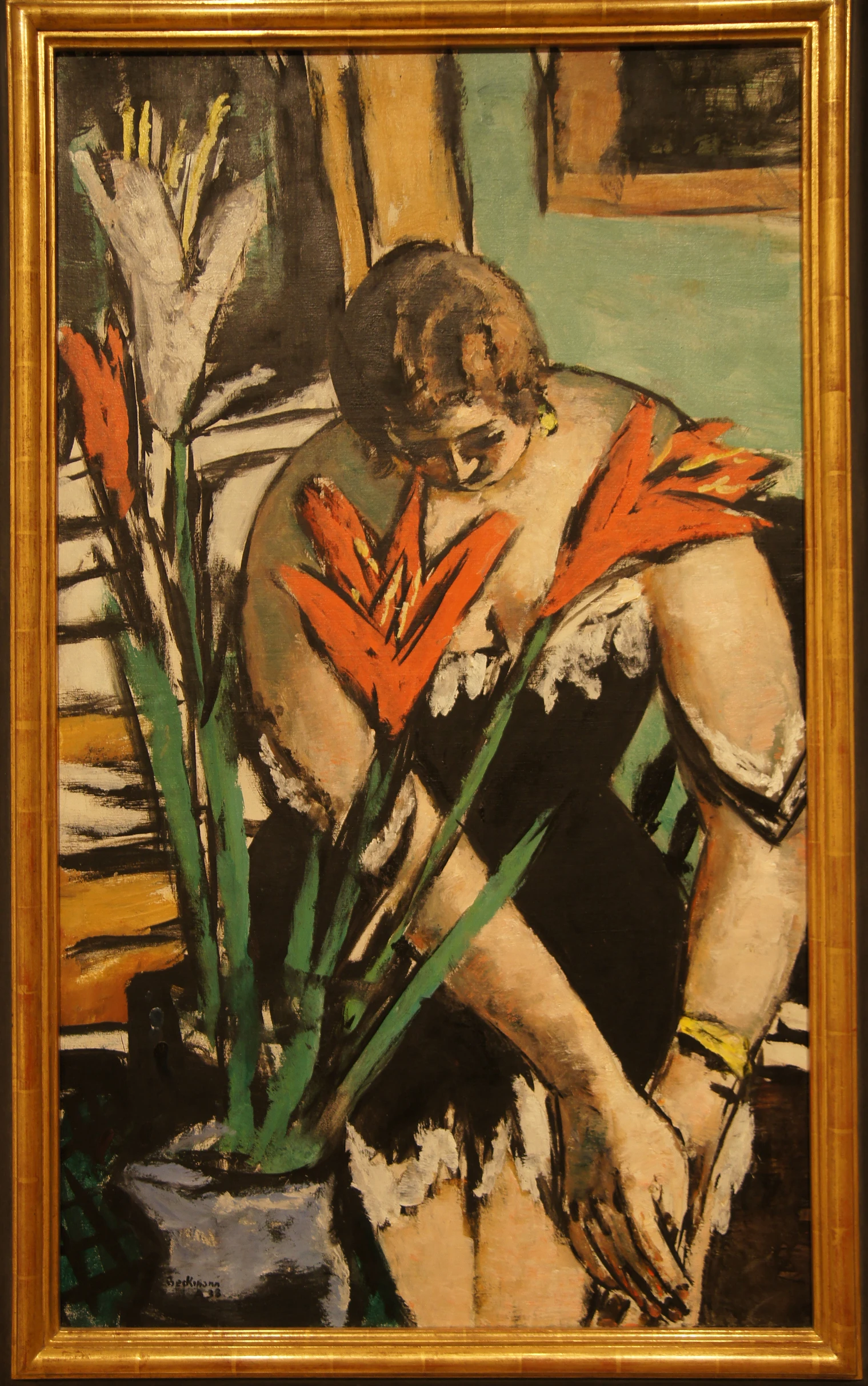 a woman with flower stems in a painting