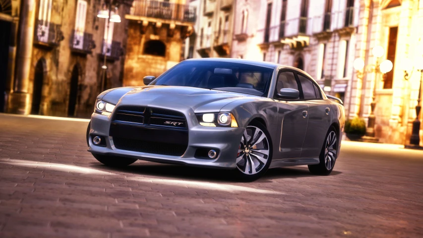 a dodge charger on the road in front of a building