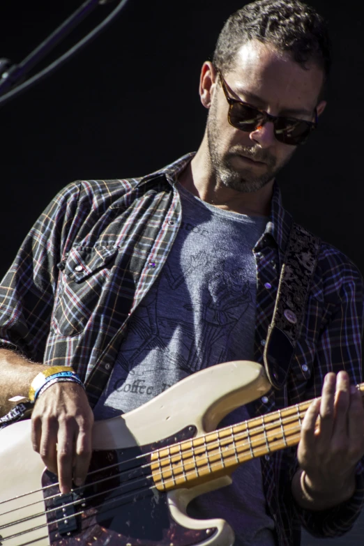 a man wearing sunglasses playing a bass guitar