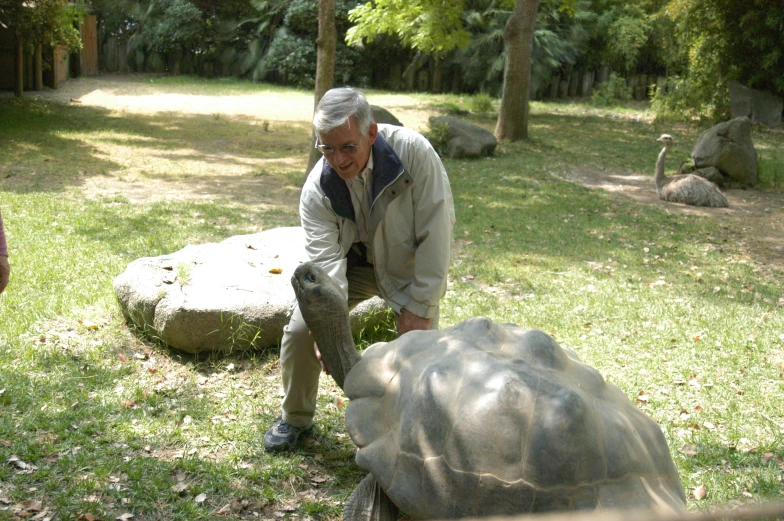 a man holds the top of a large turtle