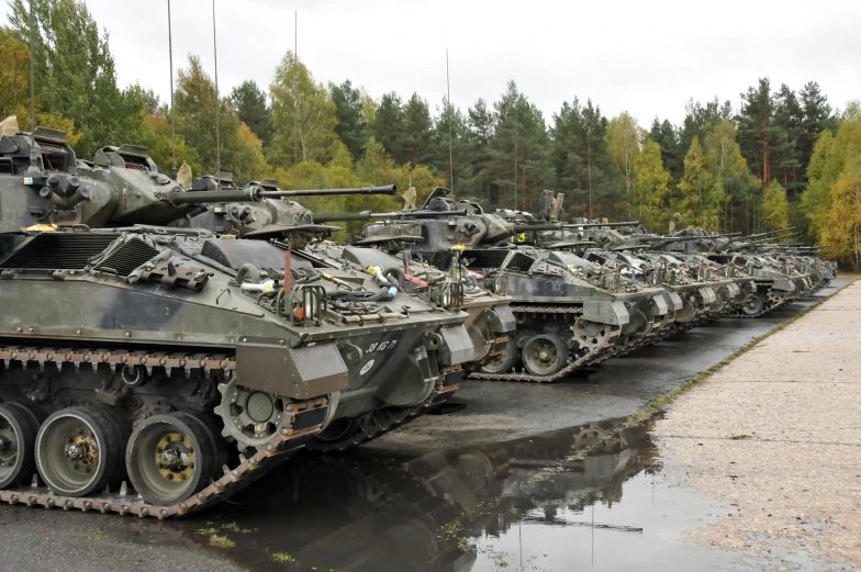 rows of tank type vehicles sitting in a forest