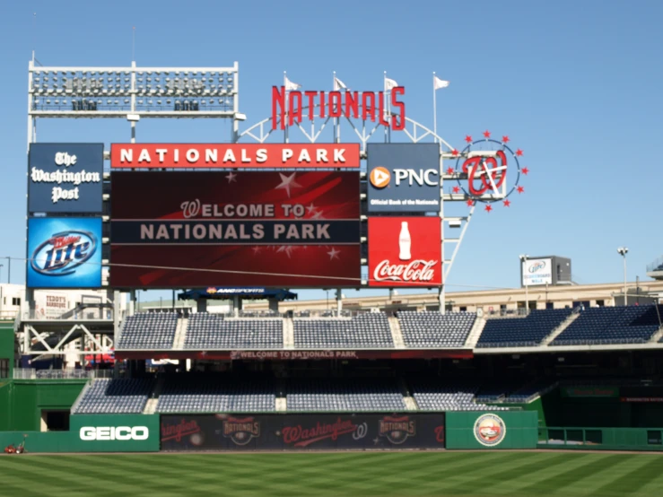 the stadium with several baseball banners in front