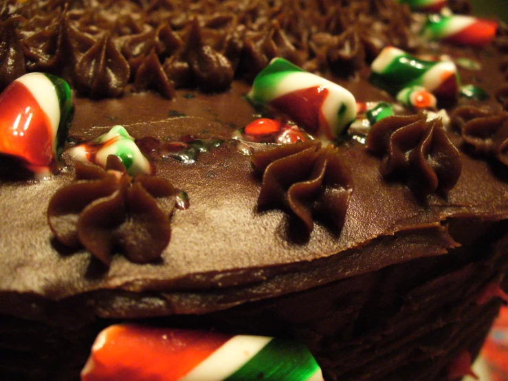 there are large pieces of cake with chocolate frosting and candy