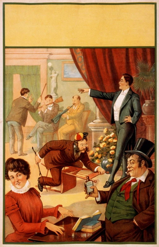 illustration of people in victorian clothing talking and having fun