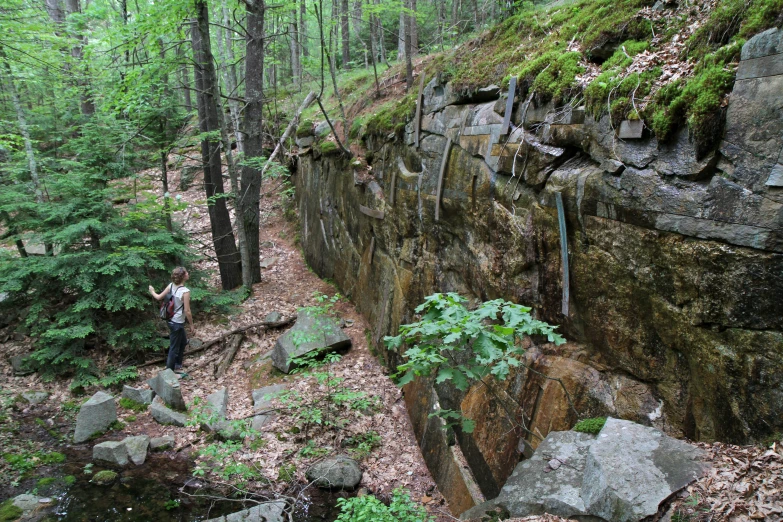 person standing near rock wall in the woods