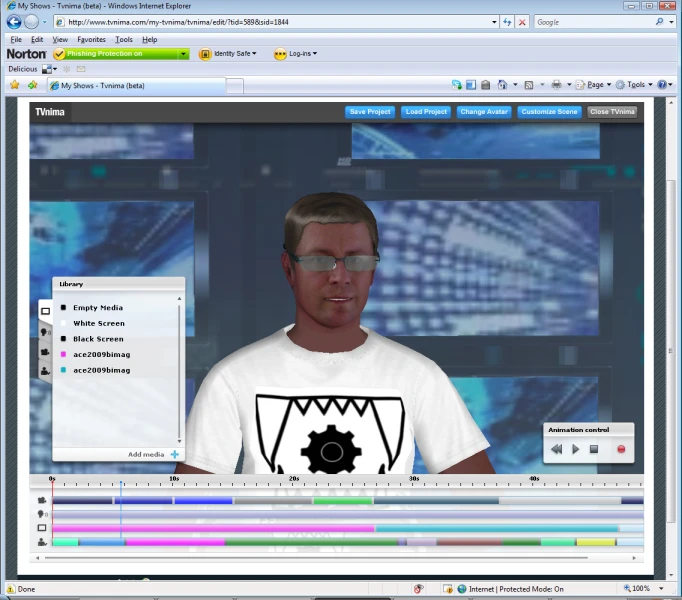 virtual man with large eyes is staring in front of a computer screen