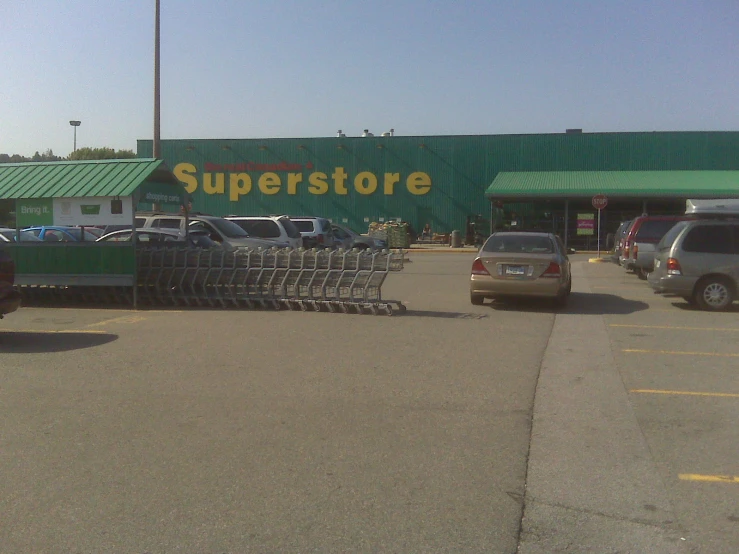 a shopping cart is parked in front of a supermarket