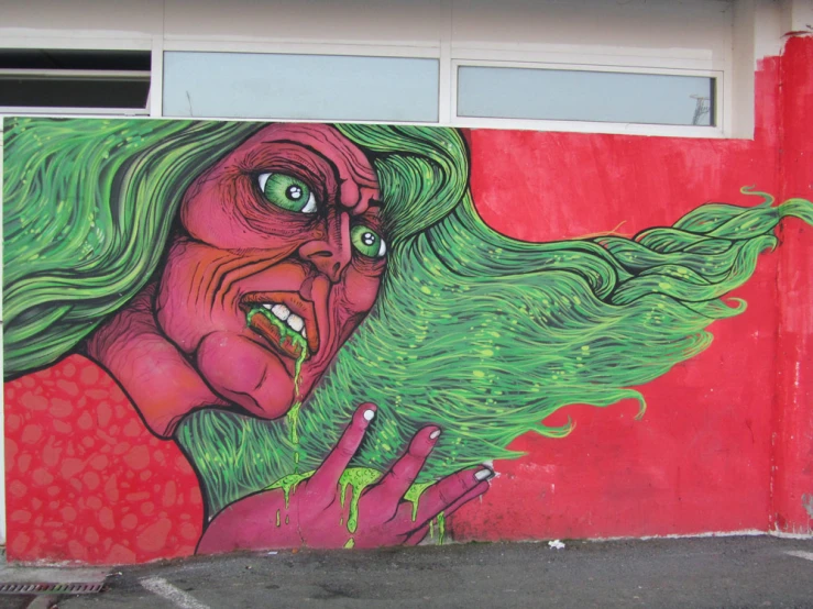 a large colorful painting on a building and the face of a woman with green hair