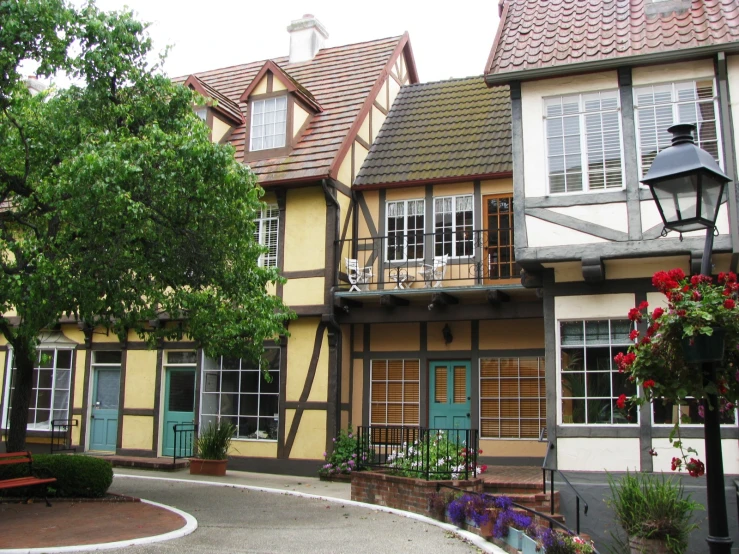 several houses in town with plants and flowers