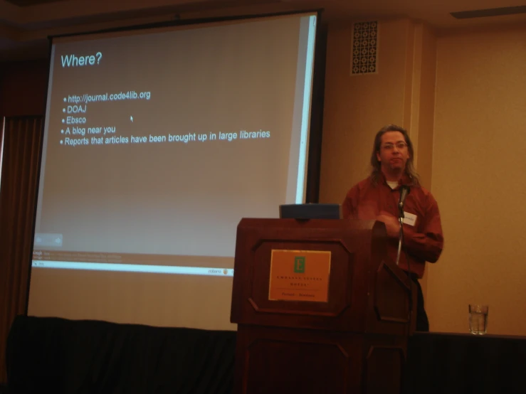 a person standing in front of a projector while giving a speech