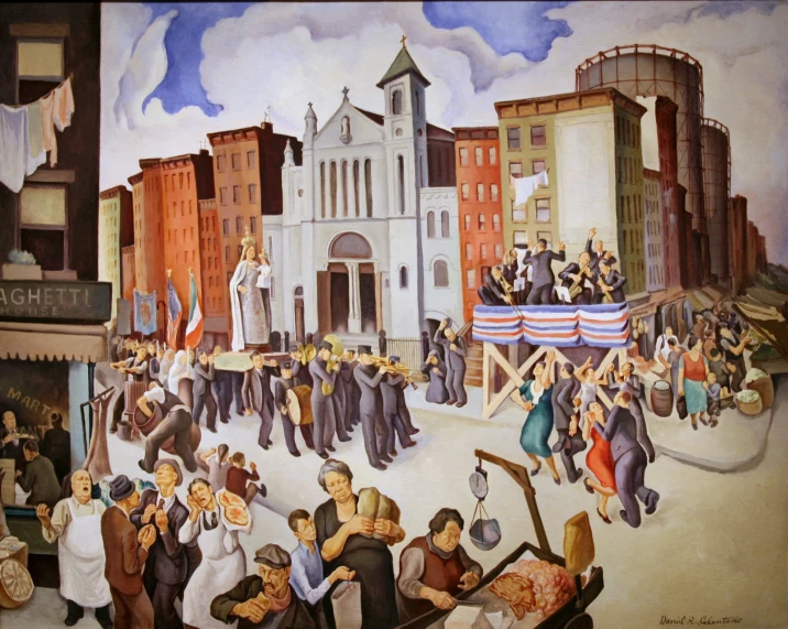 a mural of people in a town with buildings