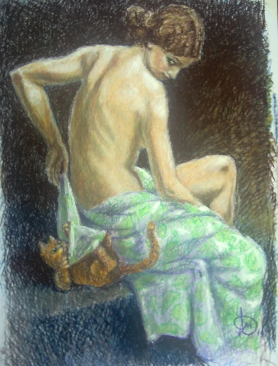 a painting of a man and a cat on a towel