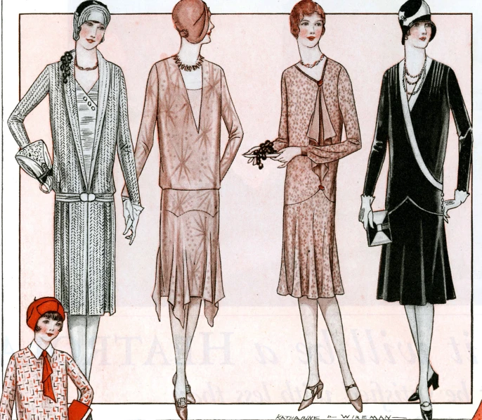 four different style of evening dresses, including an open jacket