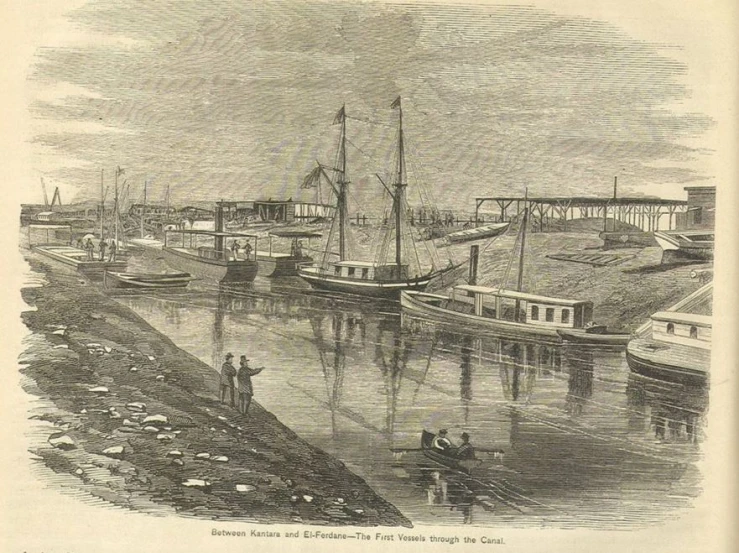 an old image of a boat docked in a harbor