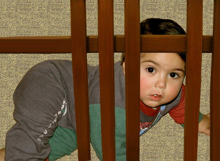 the boy peers from behind the bars in his playroom