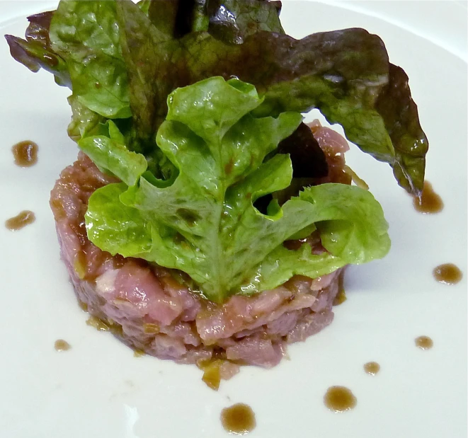 a square plate with some lettuce and other food