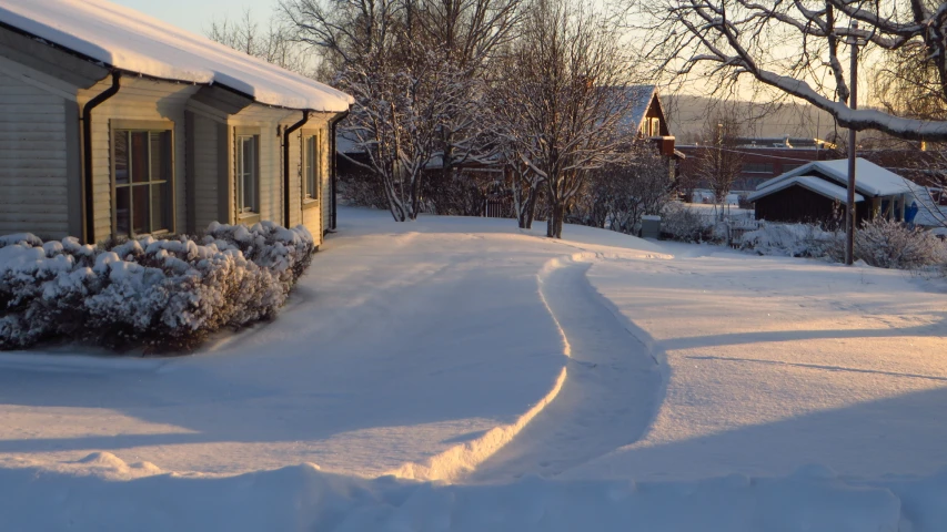 an alley way with snow on the ground, buildings and trees