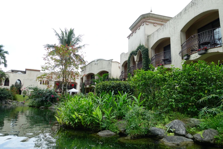 a body of water in front of a house with trees