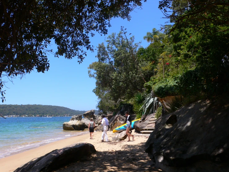 the people are standing at the beach, holding their surfboards