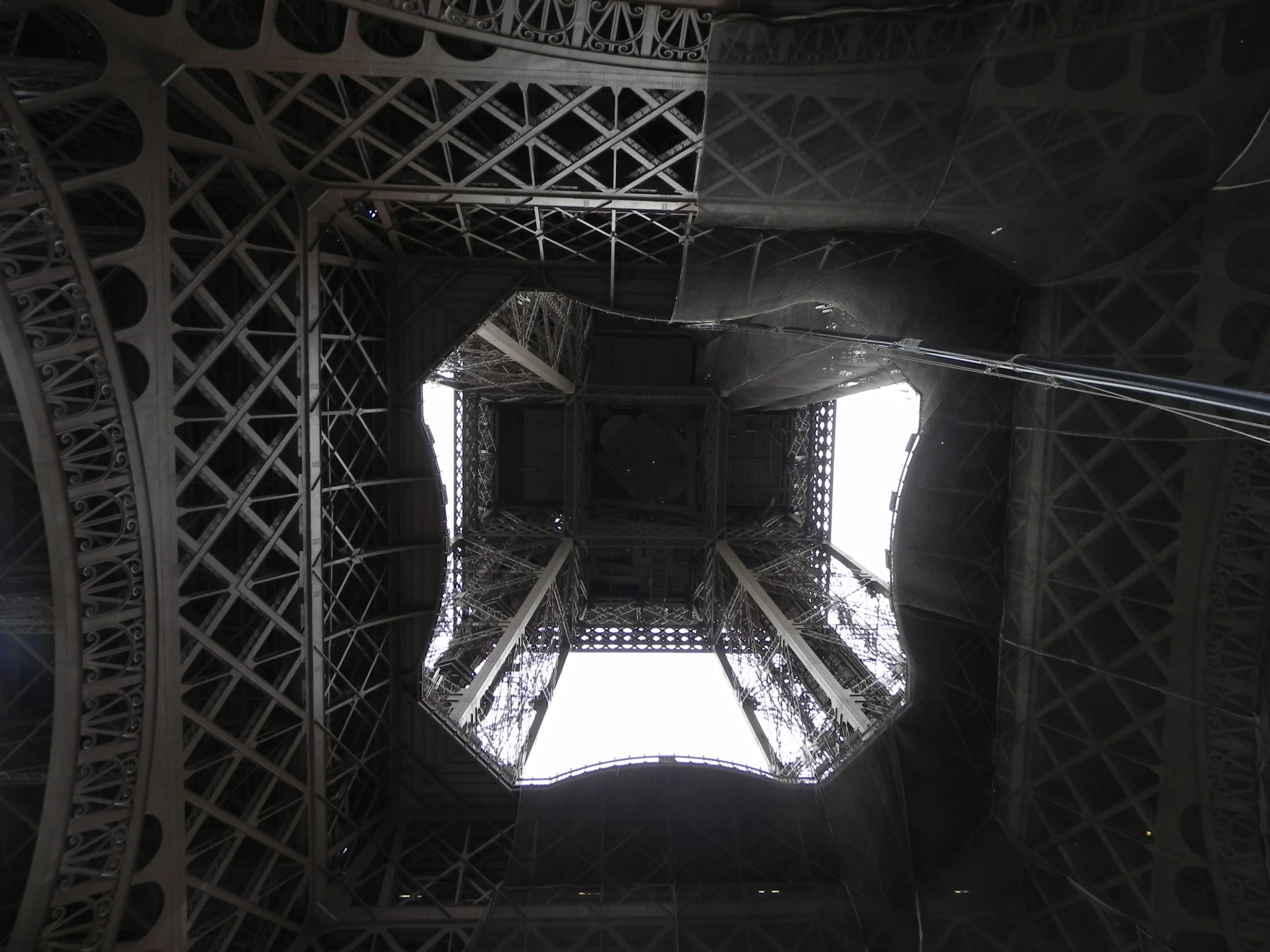 view looking up at the eiffel tower from below