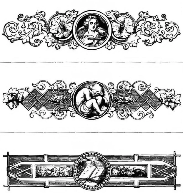 a set of ornamental designs with a face on each corner