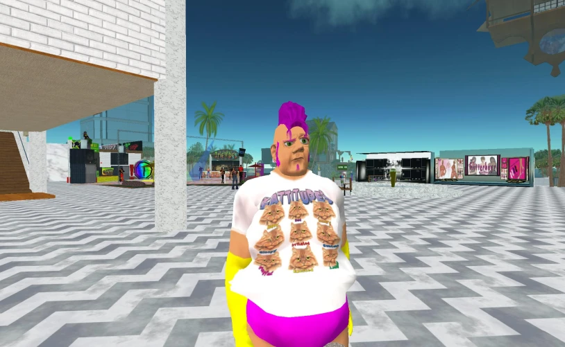 a cartoon character holding a hamburger in front of a street