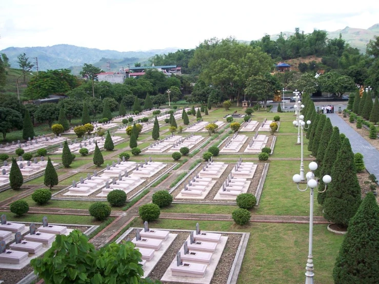 a cemetery with several rows of graves in the grass