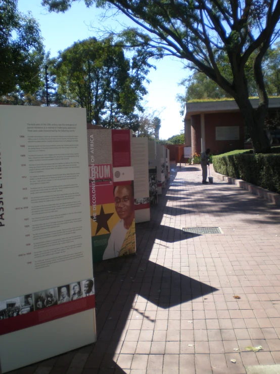 a number of large signs on a street near trees