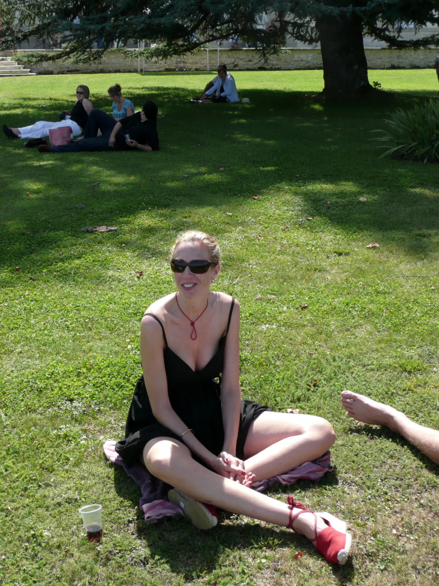 a woman sits in the grass on her back while others lounge on the ground