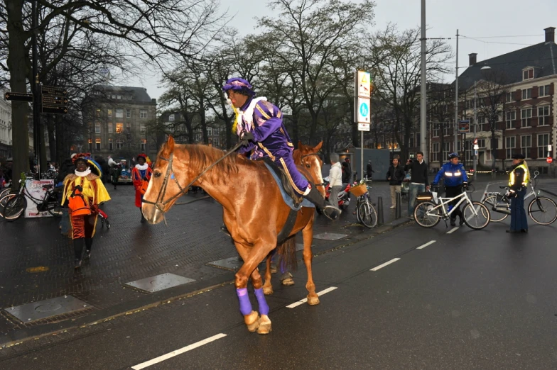 a person riding on the back of a brown horse