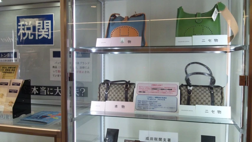 some purses are sitting in shelves behind glass