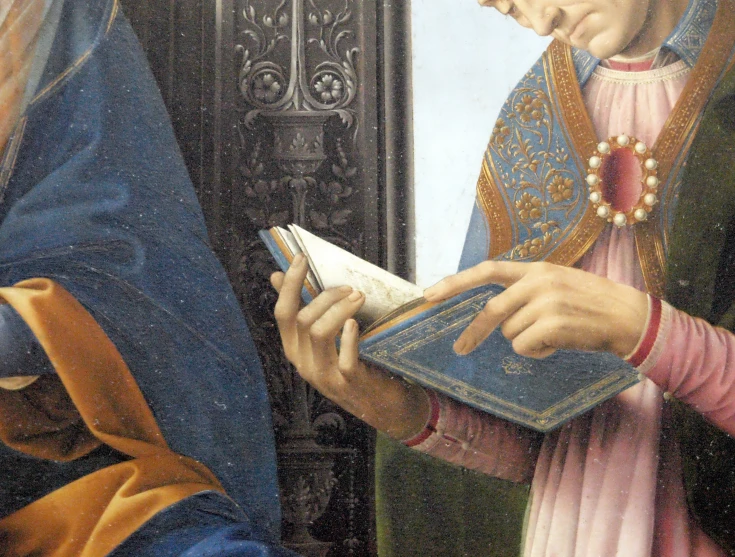 a religious painting with a man holding an open bible