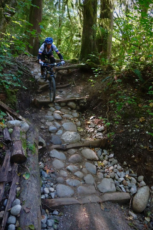 the mountain bike rider is riding down the rocks