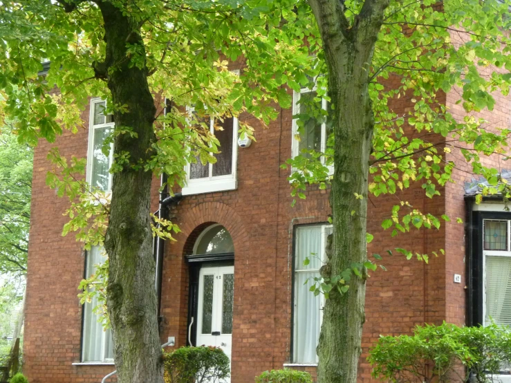 a large brick building is surrounded by a line of tree's