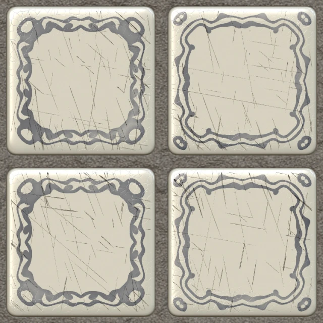 four different images of silver frames with metal edges
