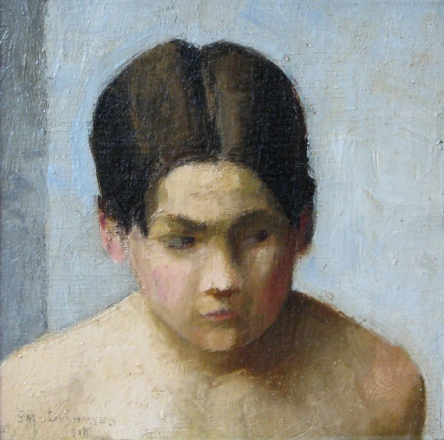 a painting of a man's head with hair pulled back