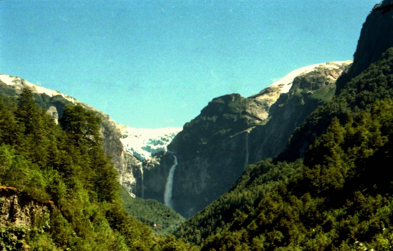 a view of some snowy mountains with trees and bushes