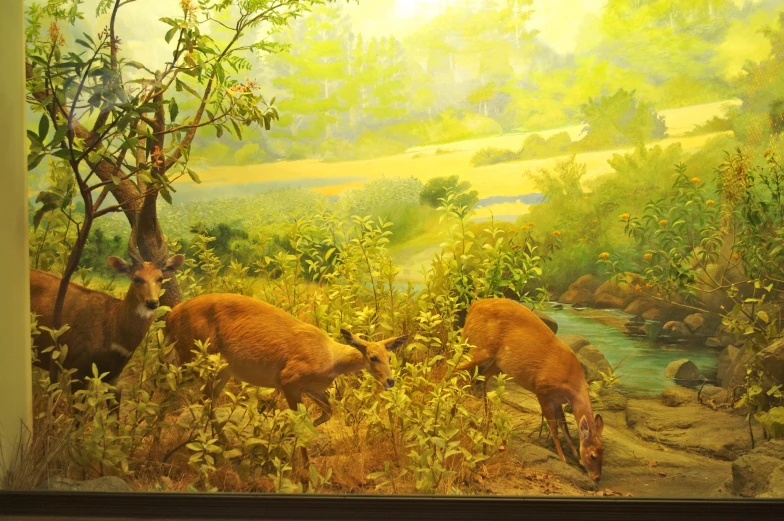 a painting of two deer in an area next to a stream